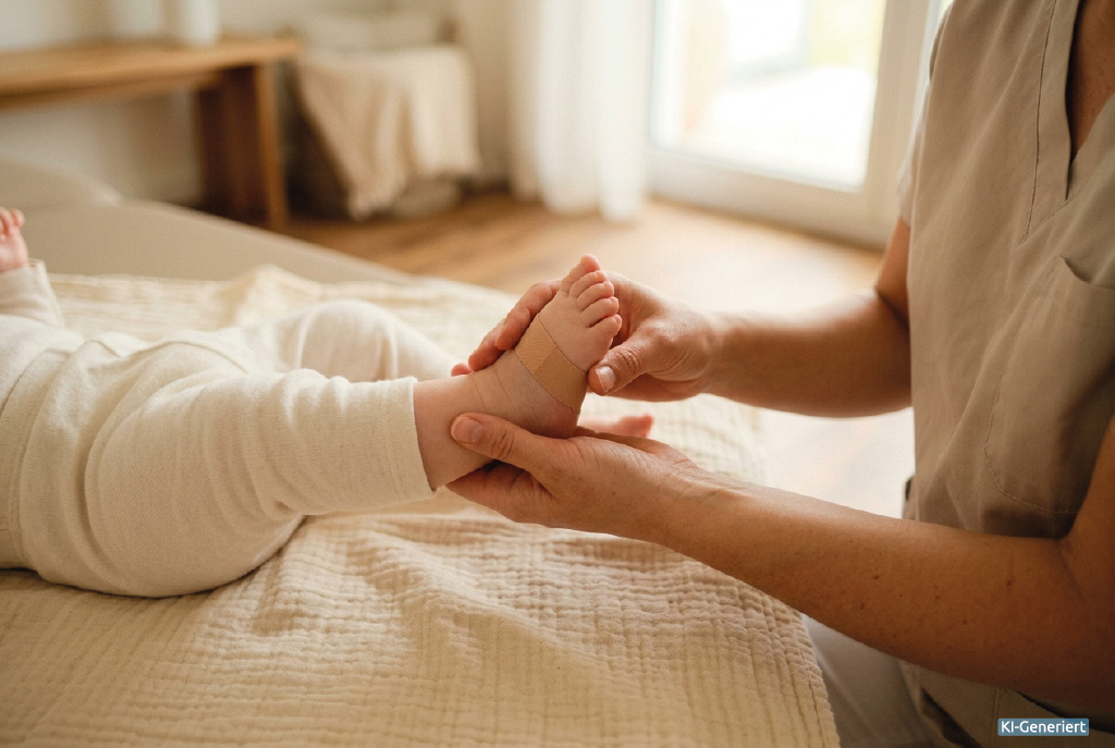 Pflegekraft untersucht bandagierten Fuß eines Kindes im Bett