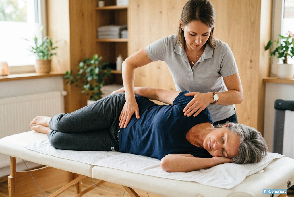 Physiotherapeutin behandelt seitlich liegende Patientin auf einer Therapieliege